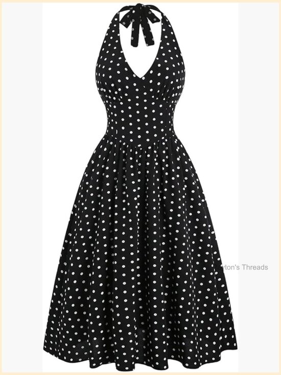 Dresses & Skirts - Polka Dots Halter Long Dress Backless A Line Flared Casual Party Dress